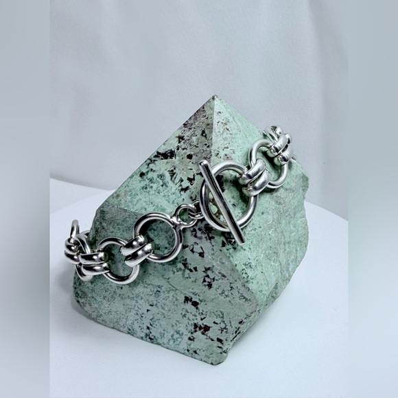 Vintage Rare TAXCO Heavy Sterling Silver Flat Double Link Toggle Clasp Bracelet